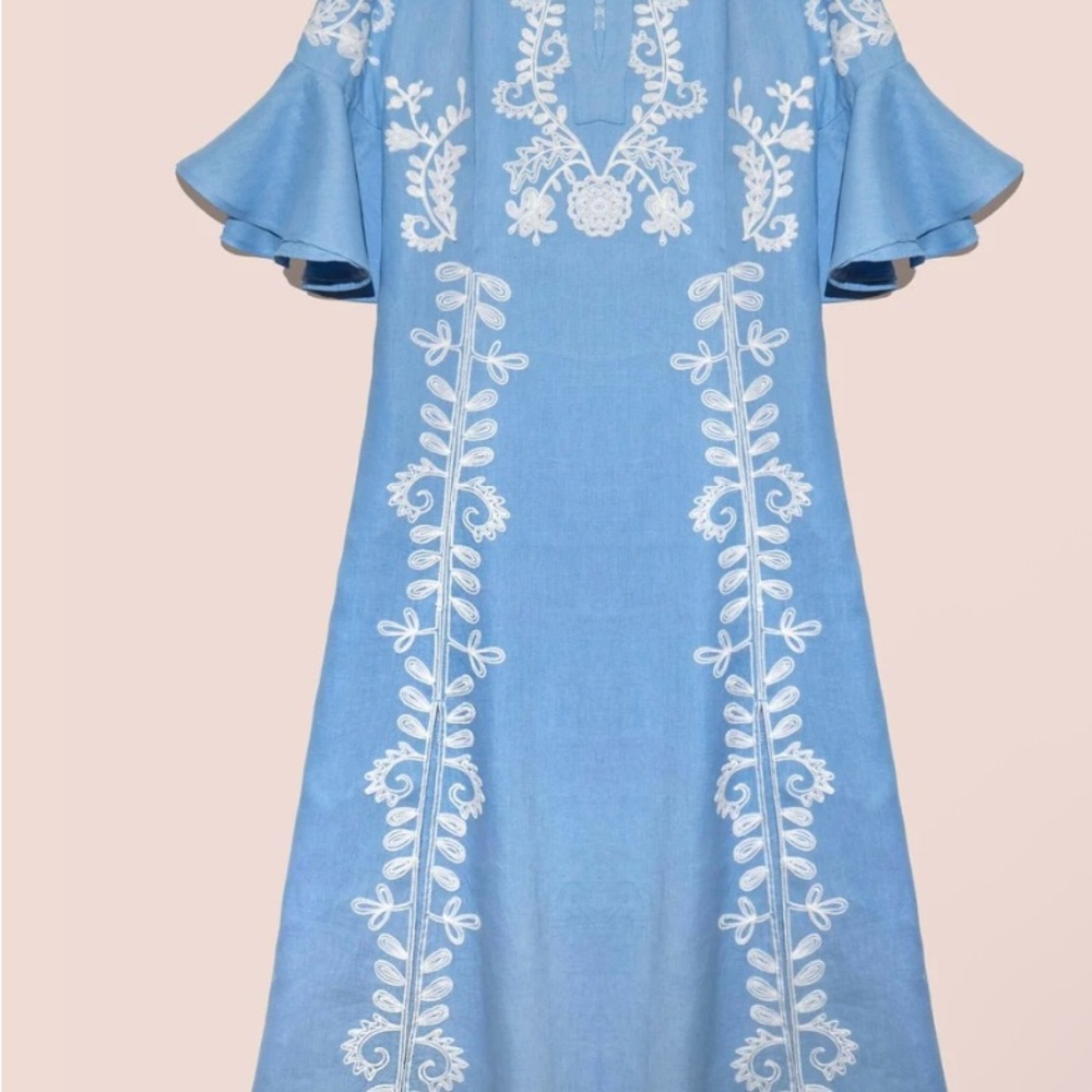 Amorre Mariposa long kaftan in pastel blue size small 100% linen - Picture 3 of 11